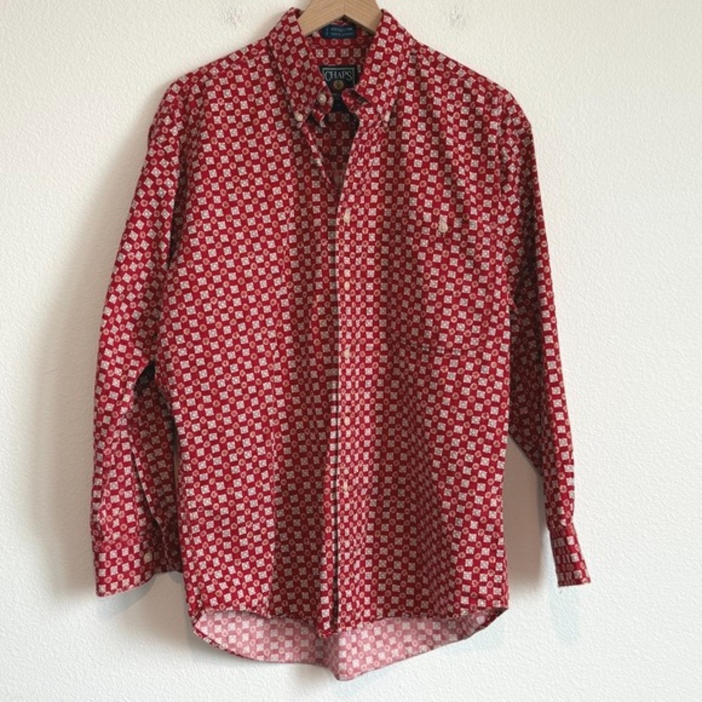 Chaps Ralph Lauren Button Down Shirt Medium Red Geometric Vintage Cotton Mens